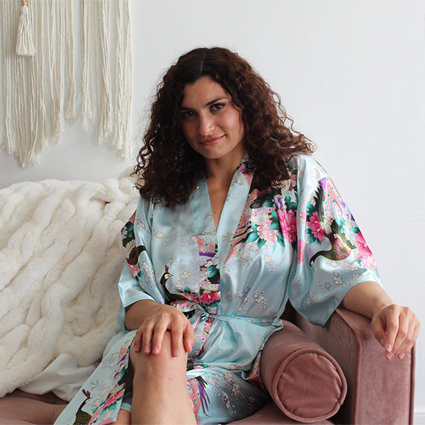 Medium Length Bridesmaid Robes Sky Blue Couch Lifestyle