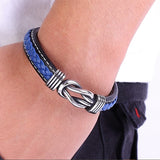 Mens Fashion Leather Bracelet with Stainless Steel Accents, Blue