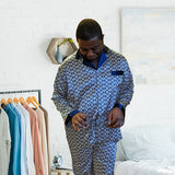 Mens Regular & Big and Tall Satin Pajama Set - Long Sleeve Long Pants with Drawstring - Lifestyle - Blue