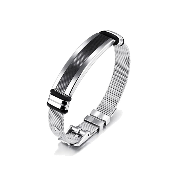 Mens Stainless Steel Bracelet with Bar - Black - Minimalist Design - Main- Black/Silver