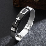 Mens Stainless Steel Bracelet with Adjustable Mesh Band and Buckle Clasp, Christian Bracelet with Cross