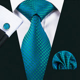 Mens turquoise Blue Neck Tie Pocket Square Cufflinks Gift Set 1610