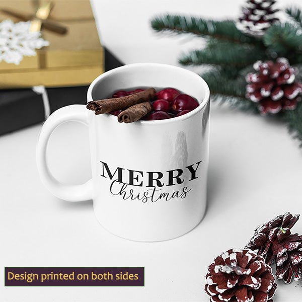 These holiday mugs are great for hot chocolate or coffee. It features Merry Christmas in a stylish but classic black font for easy pairing.