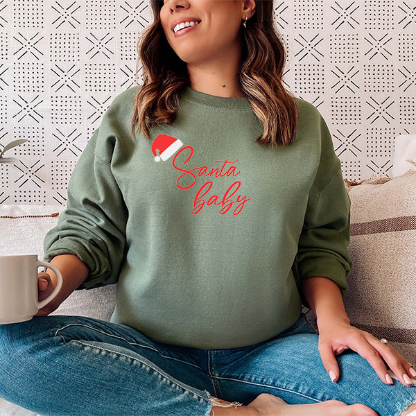Military Green Sweatshirt with Santa Baby design for the Christmas Holiday season. all SKUs