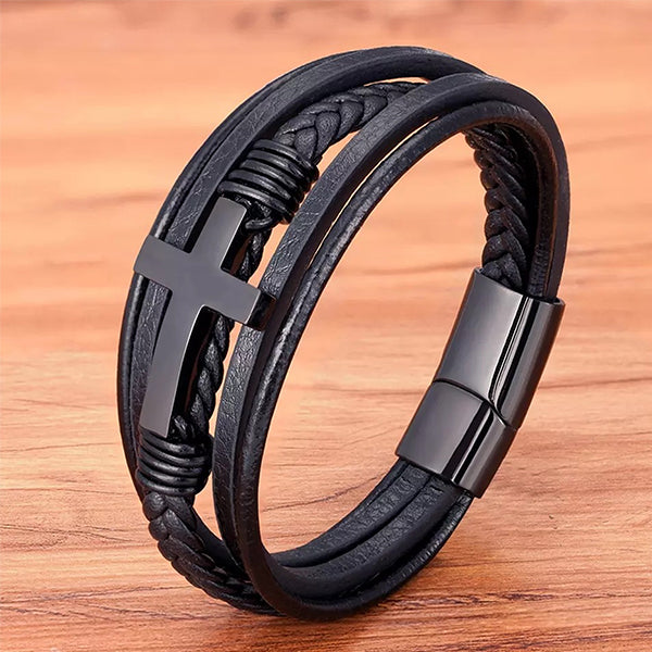 Multi Layer Mens Bracelet With Cross - Genuine Leather - Gift for Him - Alt View - Black/Black