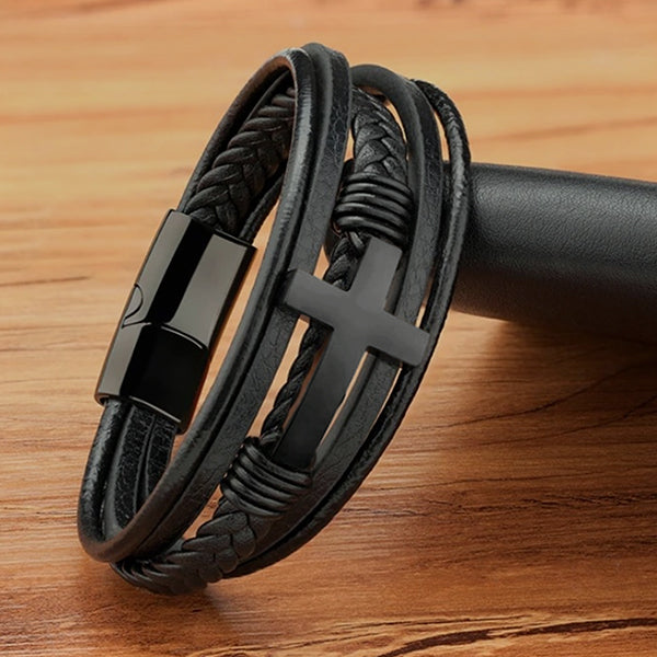 Multi Layer Mens Bracelet With Cross - Genuine Leather - Gift for Him - Side View - Black/Black