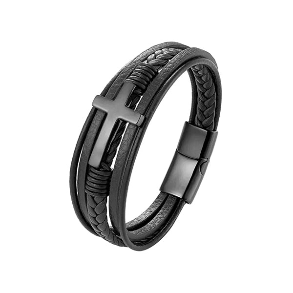 Multi Layer Mens Bracelet With Cross - Genuine Leather - Gift for Him - Main - Black/Black