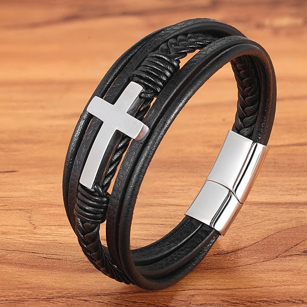 Multi Layer Mens Bracelet With Cross - Genuine Leather - Gift for Him - CloseUp - Silver/Black