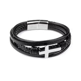 Multi Layer Mens Bracelet With Cross - Genuine Leather - Gift for Him - Flat - Silver/Black