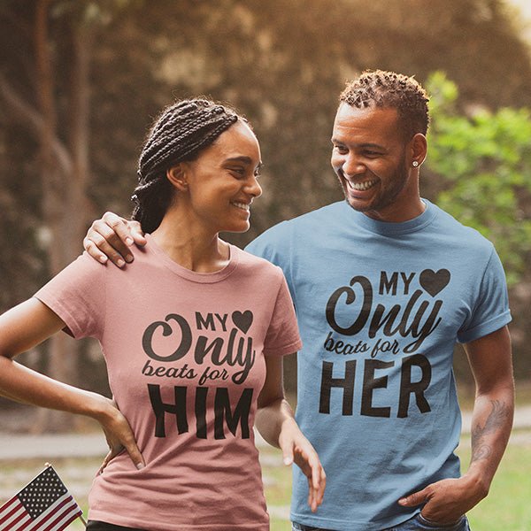 These matching couple shirts has the print My heart only Beats for …. On the front. Fill in the blank with Him, Her, or any name and text. Personalize further by selecting your print color for the shirt. all SKUs
