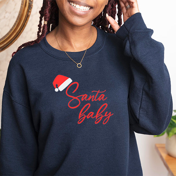 Navy Blue Sweatshirt for women in unisex sizing.  This shirt features Santa Baby Christmas design.  all SKUs