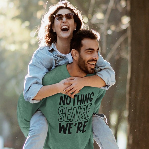 These funny couple shirts are sure to get a laugh. One shirt says Nothing Sense We're and the other states Makes When Apart. So when standing together it will read Nothing Makes Sense When We're Apart. They are available in XS to 6XL sizes. all SKUs