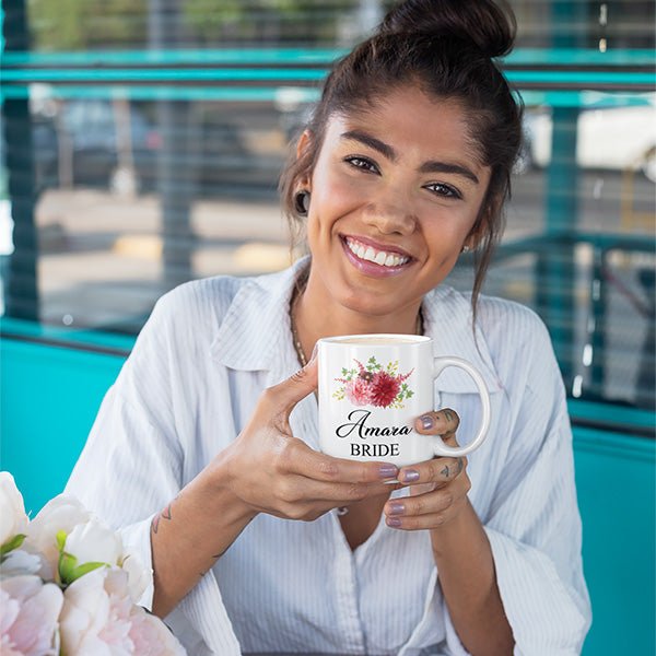 Personalized bride mug to mark wedding day. It's a gift she will have forever. Mug can be personalized with name, title and date. all SKUs