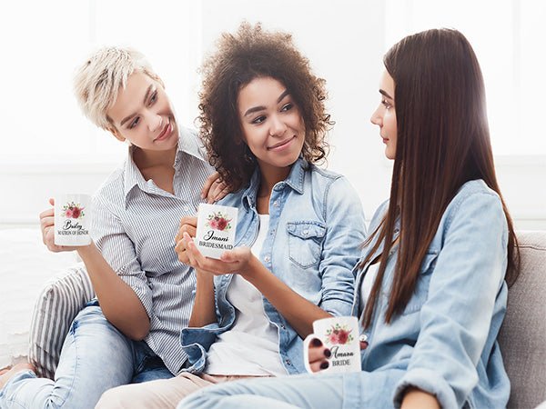 Our bridal party mugs can be personalized for everyone in the bridal party. Get a matron of honor mug, bridesmaid mug, bride mug and more. Great gift from the mother of the bride, or mother of the groom. all SKUs