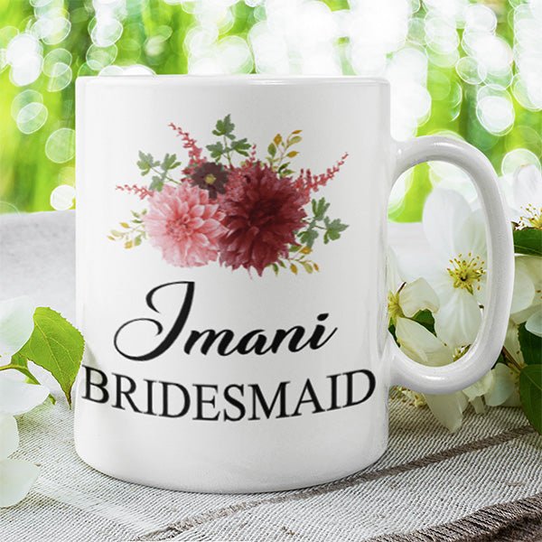 A closeup view of personalized bridesmaid mugs with name and title. Date can also be added to this mug. Great gift for the bridal party. all SKUs