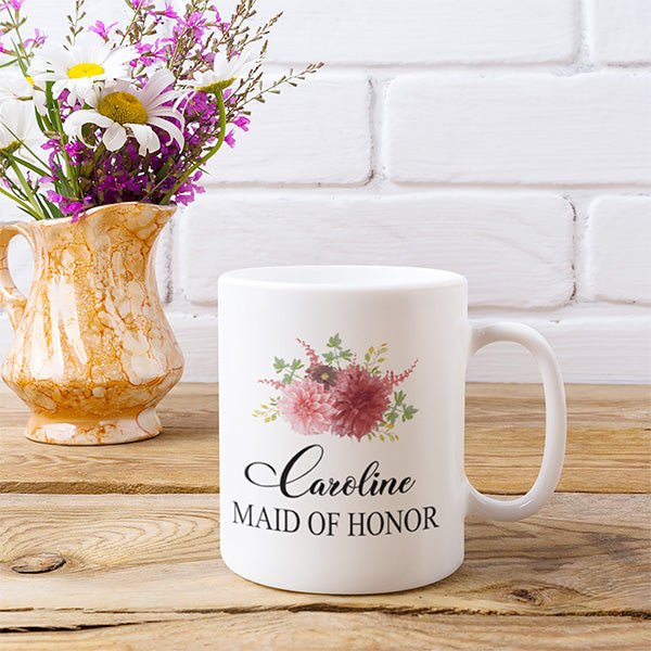 Maid of Honor mug with the name Caroline printed on it. Cute design for the bridal party. all SKUs