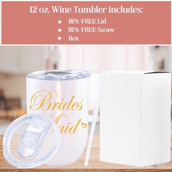 These 12oz wine tumblers ship with lid, straw and box. All custom designs are done in house in our Frisco, TX location.