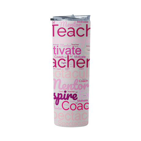 Pink teacher tumbler with the words motivate, mentor, coach, inspire, excite, spark and more.