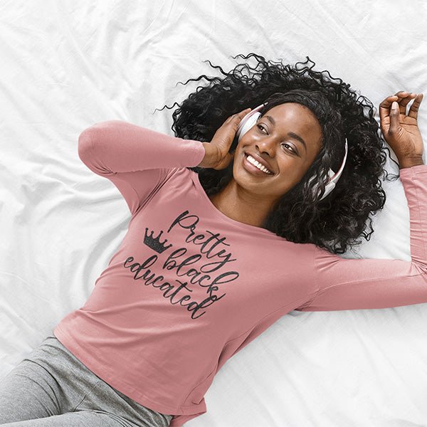 Pretty Black Educated Hoodie in Sand Color with Black Print. A great top for College Students, Teens and Adults that promotes self love and Black pride.