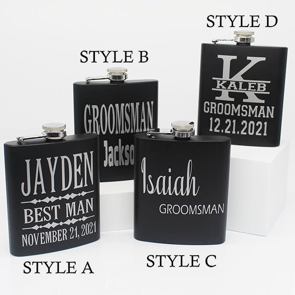 Personalized Set of 3 Matte Black Groomsmen Flask Set with Two Shot Glasses and Gift Box - 7oz - Gifts for Groomsmen Four Styles