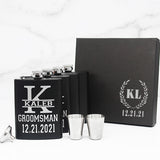 Personalized Set of 4 Matte Black Groomsmen Flask Set with Two Shot Glasses and Gift Box - 7oz