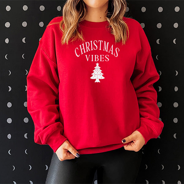 Red Gildan Sweatshirt with Christmas Vibes in White Glitter Print. all SKUs