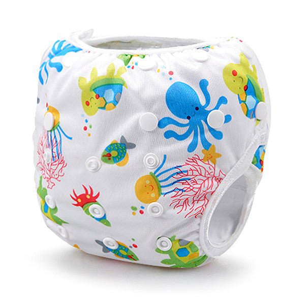 Closup of a reusable swim diaper design. all SKUs