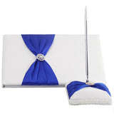 White Satin Wedding Guest Book and Pen Set With Royal Blue Sash