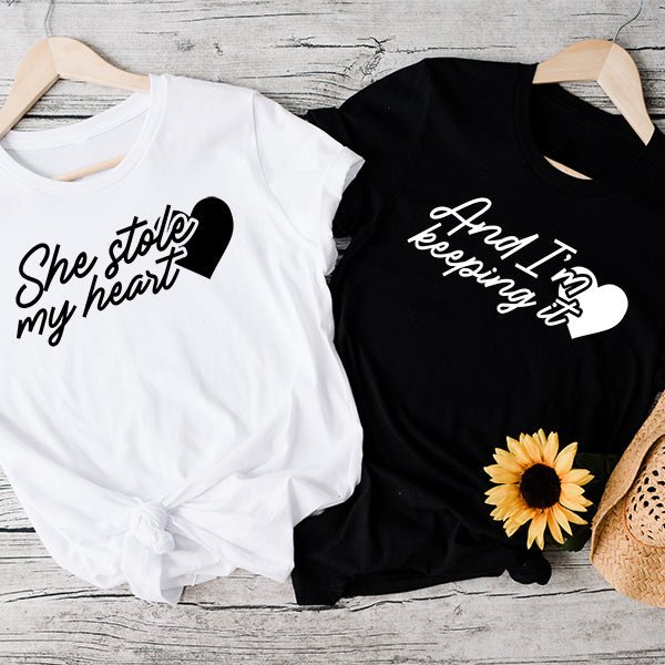Get these matching couple hoodies with She Stole My Heart and I'm Keeping it print. Choose from standard or glitter print in over 30 colors. all SKUs