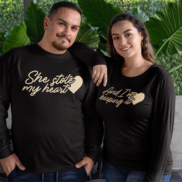The couple matching shirts are cute and definitely romantic. One shirt has the print She Stole My Heart and the second shirt says And I'm Keeping It. all SKUs