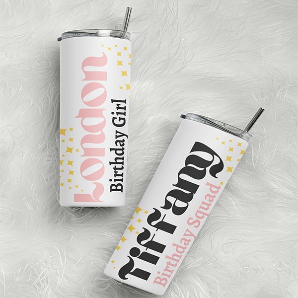 Cute Birthday Girl and Birthday Crew Personalized Tumbler with Name and Title, 15oz - Gifts Are Blue