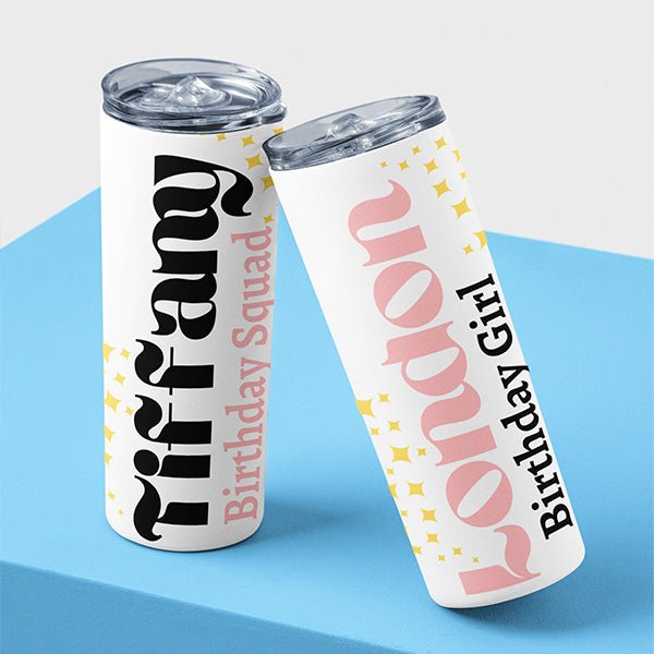 Cute Birthday Girl and Birthday Crew Personalized Tumbler with Name and Title, 15oz - Gifts Are Blue