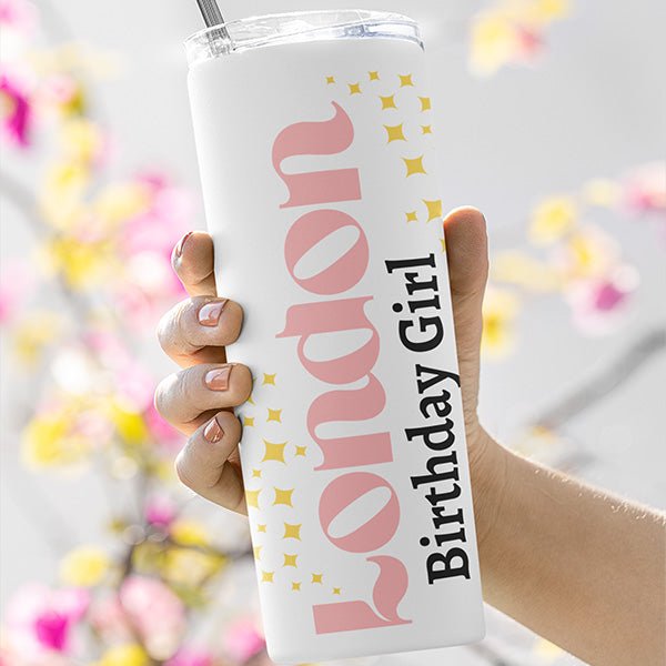 Cute Birthday Girl and Birthday Crew Personalized Tumbler with Name and Title, 15oz - Gifts Are Blue