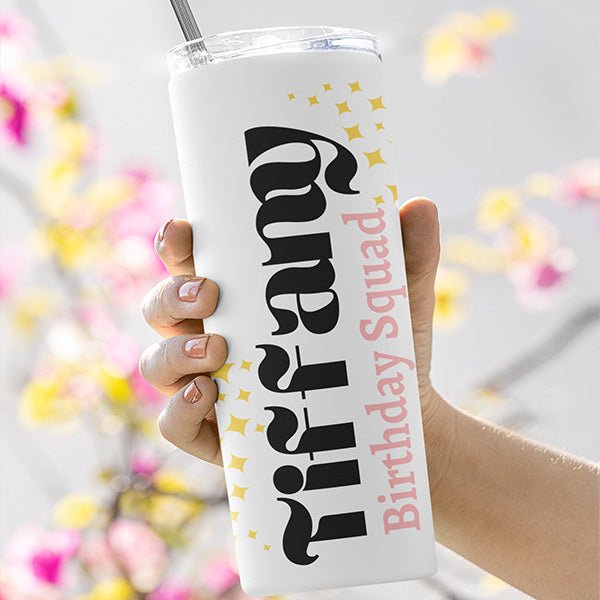 Cute Birthday Girl and Birthday Crew Personalized Tumbler with Name and Title, 15oz - Gifts Are Blue