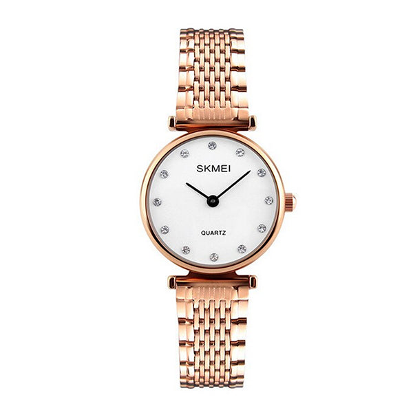 SKMEI Womens Elegant Fashion Watch w Rhinestones, 30M Waterproof, Main, Rose Gold/White