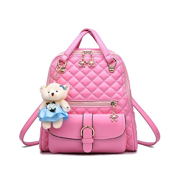 Stylish Plush Backpack with Teddy Bear Charm, Main, Light Pink