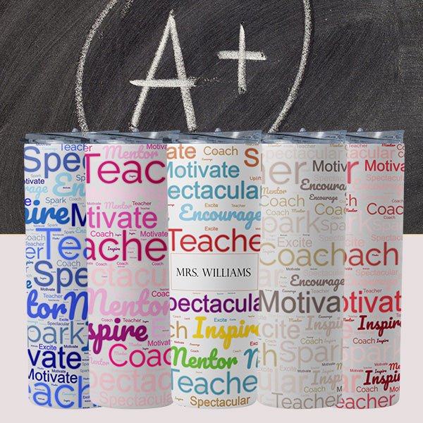 20oz skinny tumbler gift for Teacher Appreciation Week or Teacher Gift. Available in Blue, Pink, Red, Brown and Multicolor. all SKUs