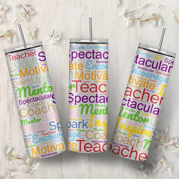 Teacher tumbler that can be personalized with name. Available in 5 color styles; all SKUs