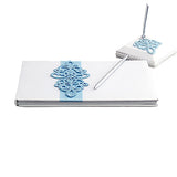 White Satin Wedding Guest Book and Pen Set with Teal Scroll Design