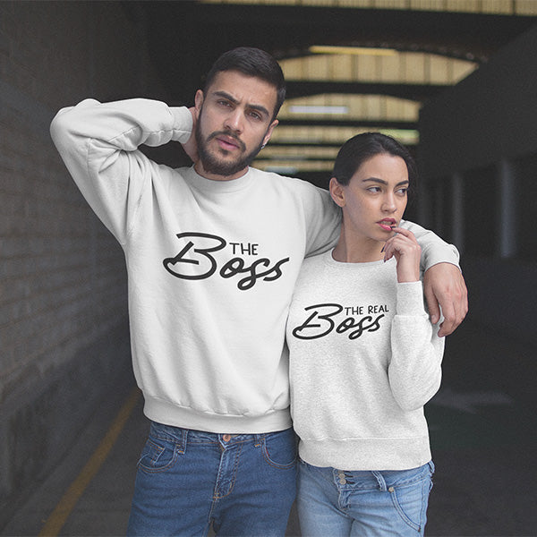Matching couple shirts with one saying The Boss and the other saying The Real Boss.  Cute and funny!  Selecting from matching couple hoodies, matching couple sweatshirts, matching couple tshirts, matching couple tank tops and more.  all SKUs