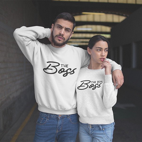 Matching couple shirts with one saying The Boss and the other saying The Real Boss. Cute and funny! Selecting from matching couple hoodies, matching couple sweatshirts, matching couple tshirts, matching couple tank tops and more. all SKUs
