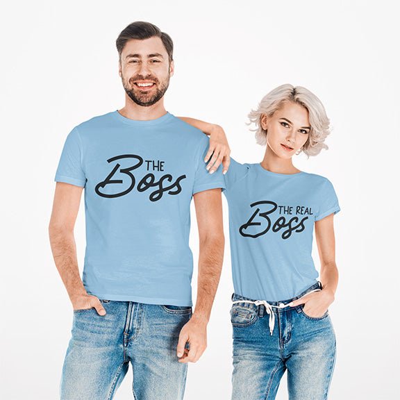 Great matching couple shirts for husband and wives, newlyweds or boyfriends and girlfriends. For the men the shirt says The Boss, for the women the shirt has The Real Boss. After all it's totally true. all SKUs