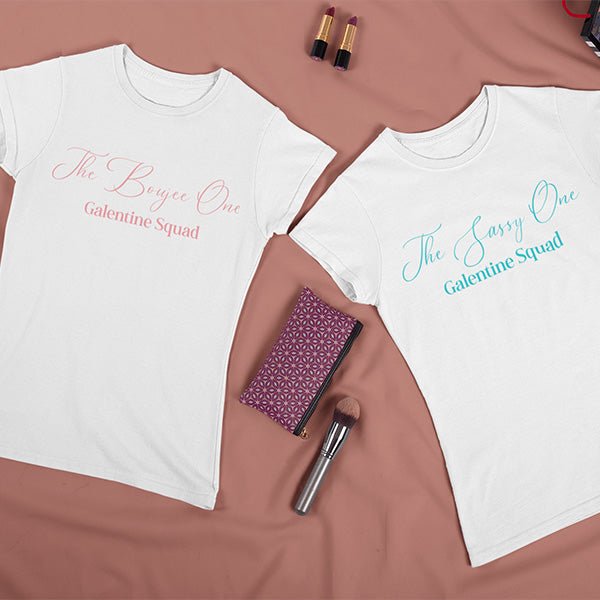 Cute Galentine shirts that can be personalized with various texts in 32 different print colors. Choose one of our phrases, or add one of your own. Get matching Valentine shirts for everyone in your group or party. all SKUs