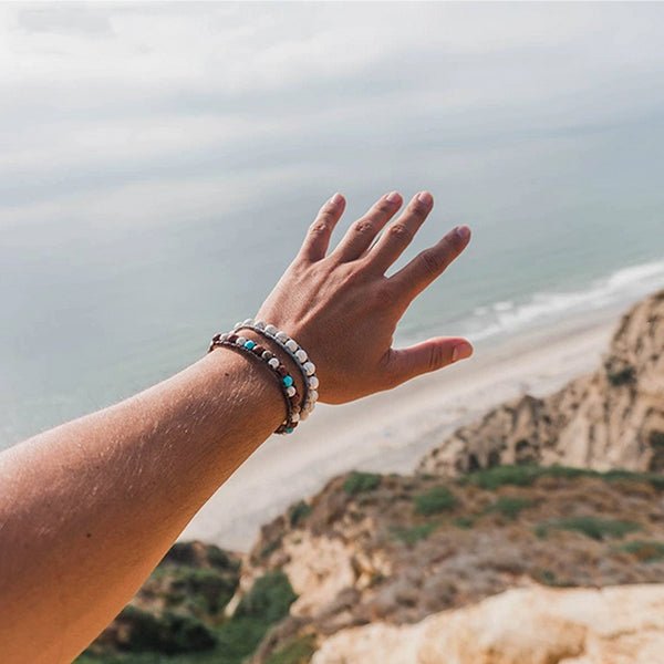 Mens Handmade Natural Stones Bracelet with Adjustable Cord - Mens Bracelet from Lotus and Luna - Throne of Zeus on Model - all SKUs