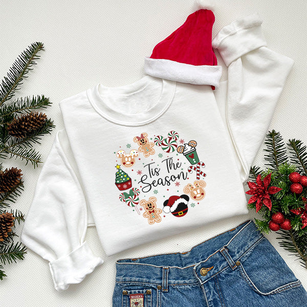 Cute Gingerbread and Candy Cane Tis The Season Christmas Sweatshirt for All Ages