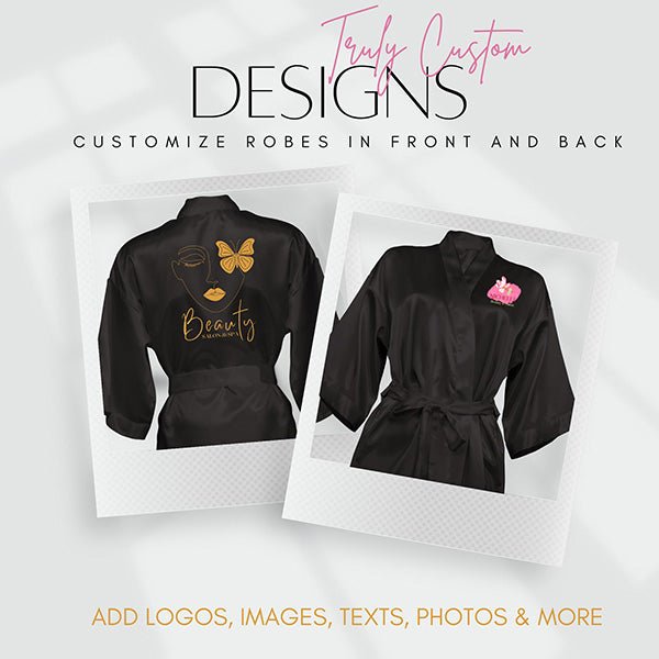 These satin custom robes are available in all inclusive sizing, so everyone can look and feel comfortable. Add your logo, photo or text to the front and back of the robe. all SKUs