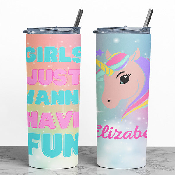 Custom Unicorn Tumbler with Name and Text for Little Girls and Birthday Crew