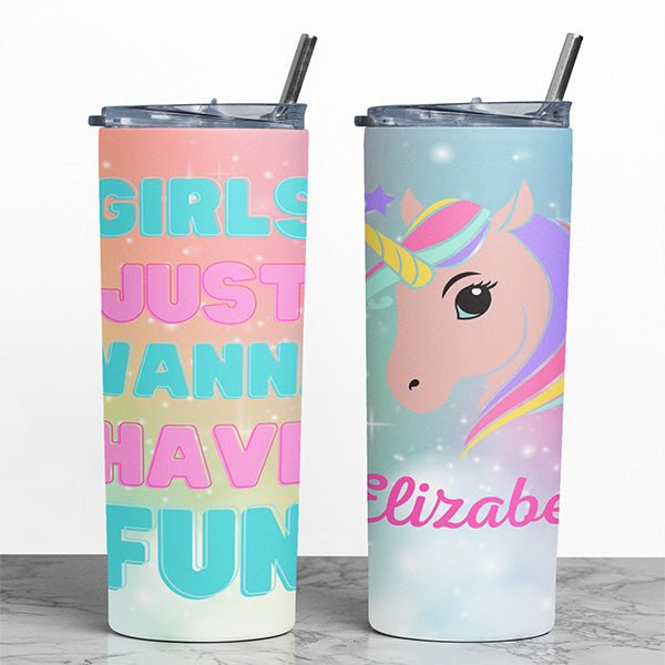 Custom Unicorn Tumbler with Name and Text for Little Girls and Birthday Crew - Gifts Are Blue