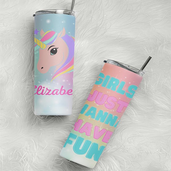 Custom Unicorn Tumbler with Name and Text for Little Girls and Birthday Crew - Gifts Are Blue