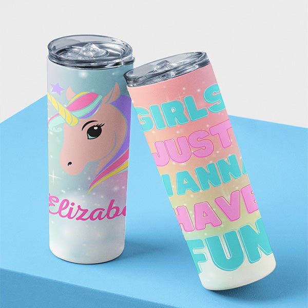 Custom Unicorn Tumbler with Name and Text for Little Girls and Birthday Crew - Gifts Are Blue